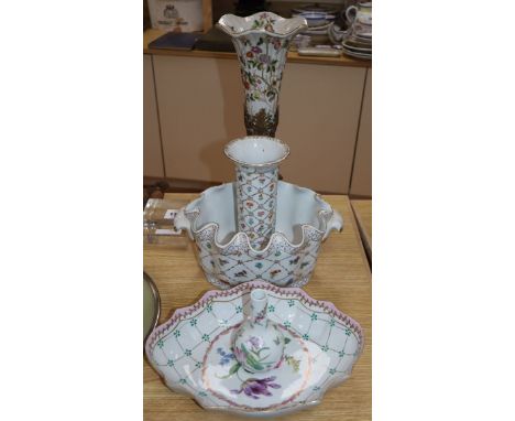 A metal and ceramic epergne, a planter, a dish and two vases