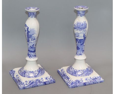 A pair of Spode blue and white candlesticks height 32cm