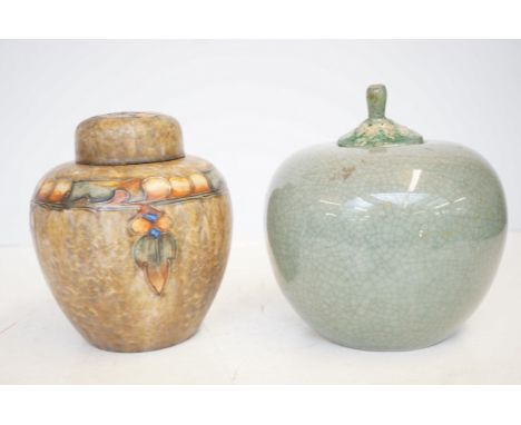 Item 1 - Cranston Pottery, tube lined ginger jar circa 1930 with art nouveau design.Item 2 - Vintage Celadon glazed crackled 