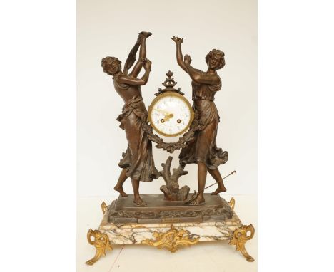 Victorian spelter mantle clock on marble base - Hand A/F Height 54 cm 