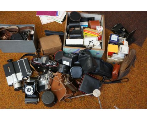 A collection of vintage cameras, recorder, lights,tripod, film splices, light gauge,plates and lenses. To include Olympus len