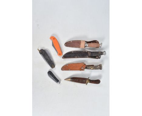 BOX CONTAINING A SELECTION OF KNIVES, Hunting, Camping and penknives, all believed to be 20th Century, various makers etc