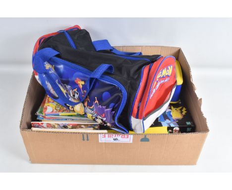 A COLLECTION OF POKEMON COLLECTIBLES, to include a  'Gotta Catch'em all! bag, a lunchbox filled with figures, marbles, sticke