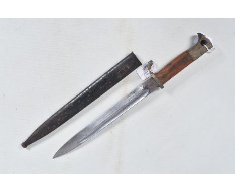 A WWI ERA GERMAN BUTCHER BAYONET COMPLETE WITH SCABBARD, the blade is in good condition but does have some pitting and some c
