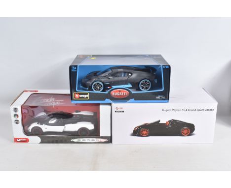 THREE BOXED DIECAST MODEL 1;18 SCALE SPORTS CARS, to include a Mondo Racing Pagani Zonda Cinque  in white/black/red, a Rastar