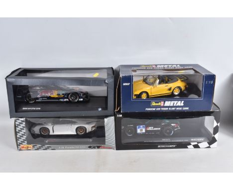 FOUR BOXED 1:18 SCALE DIECAST MODEL SPORTS CARS, to include a  Redbull BMW M4 DTM 2016, a Minichamps BMW Team BMW Z4 GT3, mod