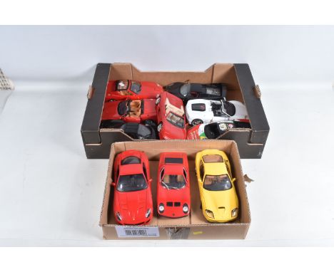 A COLLECTION OF UNBOXED 1:18 SCALE DIECAST MODEL CARS, to include a Maisto Ferrari 550 Maranello in yellow, an Anson Lamborgh