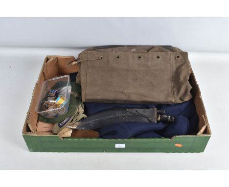 A BOX OF ASSORTED MILITARIA TO INCLUDE A BLAZER, KIT BAG, MEDALS, KUKRIS AND ASSORTED EPHEMERA, the kit bag and ephemera are 