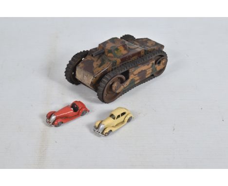 A VINTAGE CLOCKWORK TINPLATE TANK, not tested as no key, no makers marking, with a Britains Lilliput Open Sports Car, No.LV60