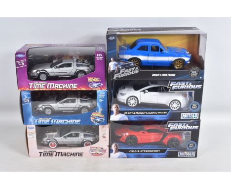 SIX BOXED DIECAST MODEL CARS FROM BACK TO THE FUTURE AND FAST &amp; FURIOUS, to include a 1:24 scale Welly  Back to the Futur