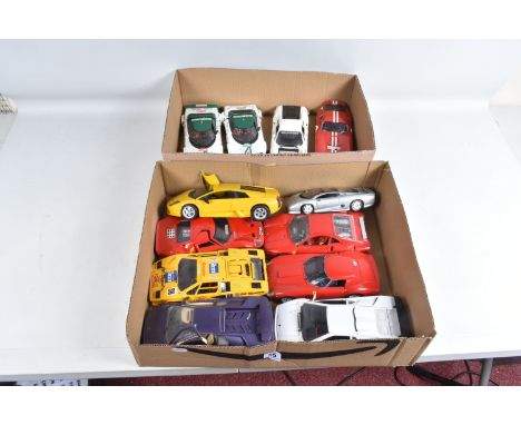 A COLLECTION OF UNBOXED 1:18 SCALE DIECAST MODEL CARS, to include a Road Signature Shelby Cobra Daytona in red, an Anson Ferr