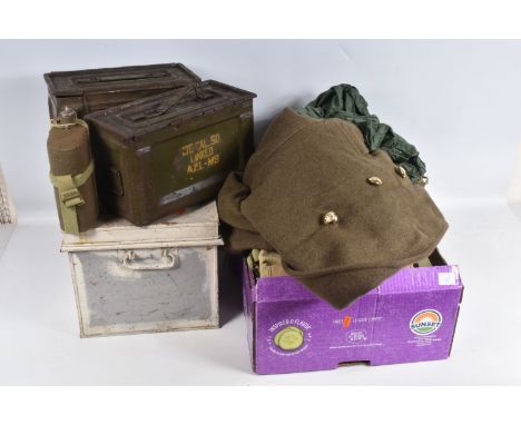 A COLLECTION OF MIXED MILITARIA AND A GREAT COAT, the military items include two small ammunition boxes, a water bottle, two 