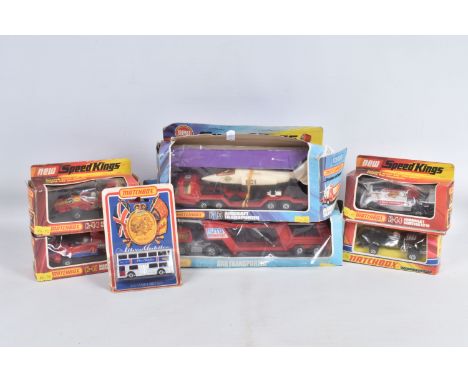 SEVEN BOXED MATCHBOX DIECAST VEHICLES, to include four Speed Kings, a Thunderclap Race Car, model no. K-34, two Surtees F-1 R