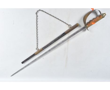 A 20TH CENTURY EUROPEAN NAVAL OFFICERS PARADE SWORD, possibly Italian, brass pommel and guard, wooden grip, etched steel blad