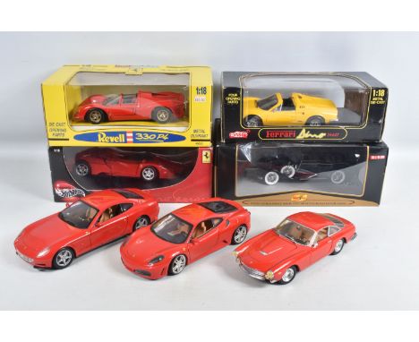 A COLLECTION OF BOXED AND UNBOXED 1:18 SCALE DIECAST MODEL FERRARIS, to include 3 unboxed Mattel Hot Wheels models, a  Ferrar