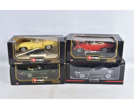 FOUR BOXED 1:18 SCALE DIECAST JAGUAR MODEL CARS, to include a Minichamps 2008 Jaguar XKR GT3 in metallic grey, and three Bbur