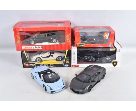 A COLLECTION OF BOXED AND UNBOXED DIECAST MODEL LAMBORGHINIS, to include 2 unboxed models, a 1:18  Mondo Motors Lamborghini R