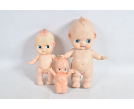 THREE VINYL KEWPIE DOLLS, smallest one marked  'M350? Combex Made in England' to base, other two have no obvious makers marki