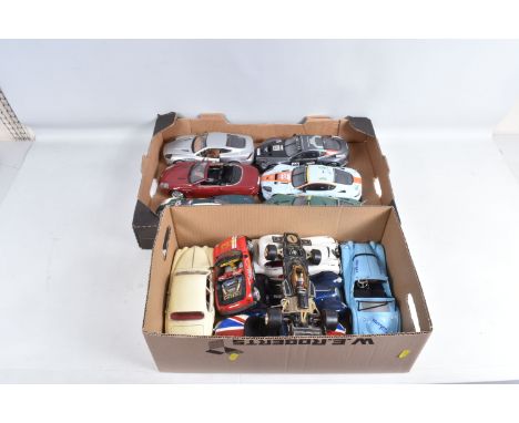 A QUANTITY OF UNBOXED MODEL DIECAST SPORT VEHICLES, to include a Kentoys 1:24 BMW Mini Cooper in red, a Maisto 1:18 Jaguar Ma