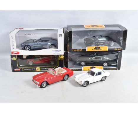 A COLLECTION OF BOXED AND UNBOXED  1:18 SCALE MODEL DIECAST CARS, to include two unboxed Road Signature models, a Lotus Elite