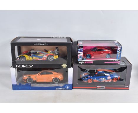 FOUR BOXED 1:18 SCALE DIECAST MODEL SPORTS CARS, to include a Solido Liberty Walk LB Works Type II Nissan R35 GTR in Orange, 