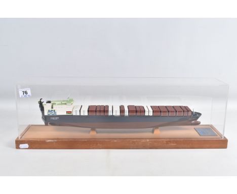 A PERSPEX CASED MODEL OF AN ACL (ATLANTIC CONTAINER LINE) SHIP, on a wooden plinth, &nbsp;it is a vintage model by the Barcel