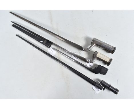 TWO SOCKET BAYONETS, A SPIKE BAYONET WITH SCABBARD AND ANOTHER, the longer socket bayonet stamped Osborn &amp; Gunsby, blade 
