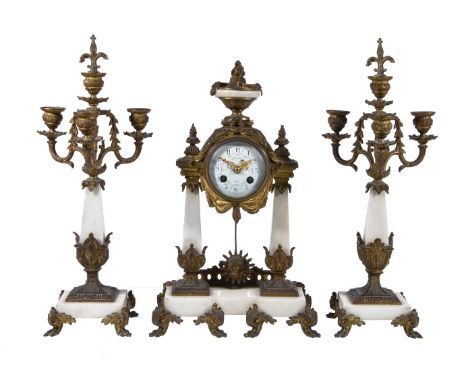 A marble and gilt metal mounted clock garniture, late 19th century, the eight-day bell striking movement with 4inch painted e