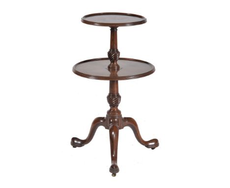 A George III mahogany two tier dumb waiter, circa 1780, with spirally turned column, on tripod base with pointed pad feet, 86