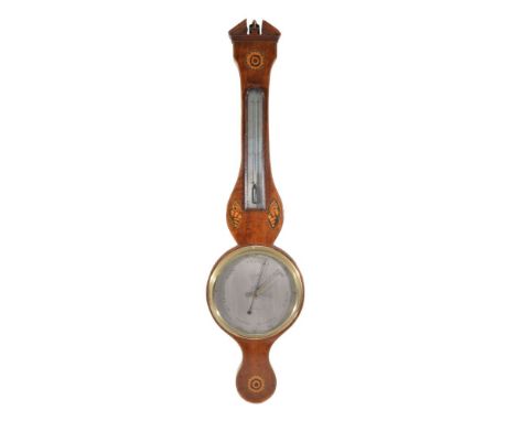 A mahogany and inlaid wheel barometer, Gatty, Reading, early 19th century, with thermometer, the case inlaid marquetry shells