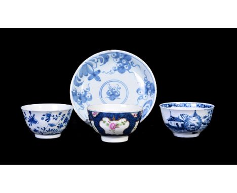 Four items of English teaware, various dates third quarter 18th century, comprising: a rare English delft blue and white sauc