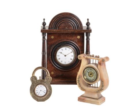 A mahogany and brass inlaid timepiece, late 19th century, the movement with later platform escapement and circular white enam
