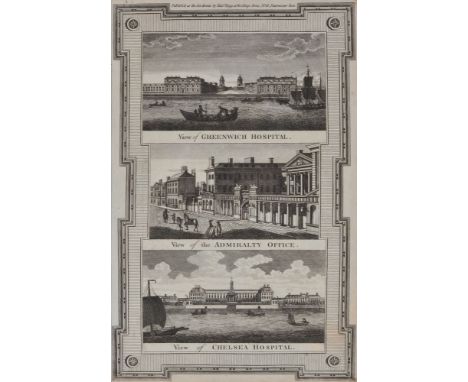 A set of six architectural engravings for Thornton's New and Complete History and Survey of London and Westminster, Each 36 x