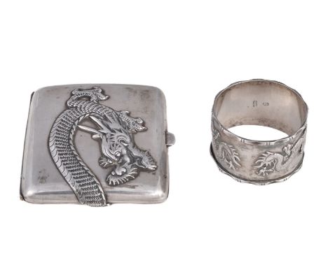 A Chinese export silver cigarette case, circa 1775-1895, of slightly curved rectangular form and applied with a dragon motif,