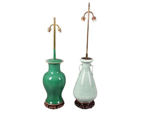 A Chinese celadon glazed porcelain table lamp, modern, the body modelled as a twin handled baluster vase and impressed with g