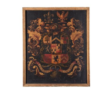 A Welsh painted and lacquered armorial panel, circa 1825-1865, probably with the arms of the Walters Phillips family of Aberg