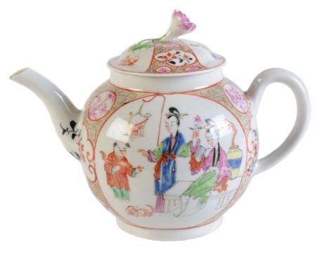 A Worcester polychrome Chinoiserie teapot and cover, circa 1770, painted with Chinese figures, the cover with floriform finia