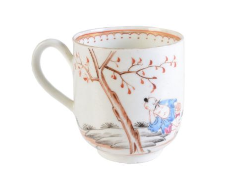 A Worcester polychrome Chinoiserie coffee cup, circa 1770, painted with Chinese farmers and an ox, gilt and iron-red lappet b