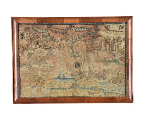 A Charles II figural needlework panel, last quarter 17th century, in gros point and petit point, depicting a couple in period