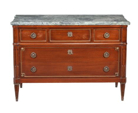 A mahogany and gilt metal mounted commode, in Directoire style, 19th century, with mottled marble top, 82cm high, 114cm wide,