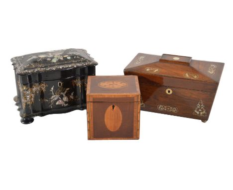 ϒA Victorian rosewood and mother of pearl inlaid tea caddy, circa 1850, of sarcophagus form, 15cm high, 22cm wide, a Victoria