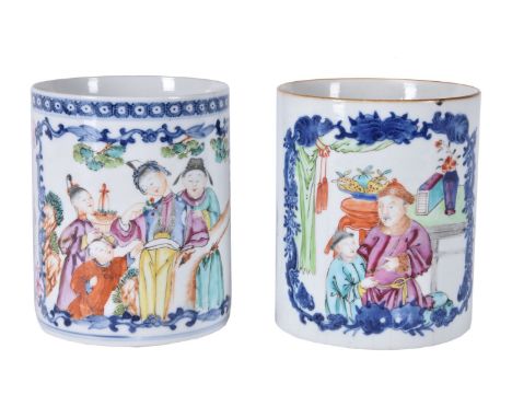 Two Chinese export mugs, Qianlong period (1735-1796),  including one mug decorated with a large central panel depicting a man