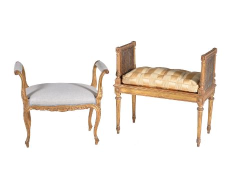 A Giltwood and upholstered window seat or dressing stool, in Louis XVI style, early 20th century, with double caned ends abov