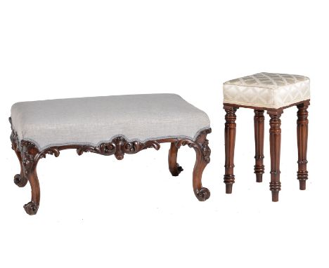ϒAn early Victorian rosewood and upholstered centre stool, circa 1850, 41cm high, the seat 84cm x 53cm, together with a Willi