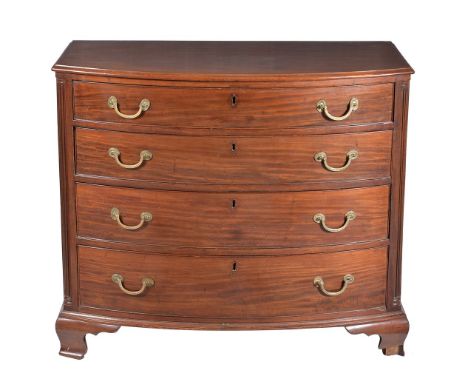 A George III mahogany chest of drawers, circa 1800, of bowfront outline, with four long drawers flanked fluted pilasters and 