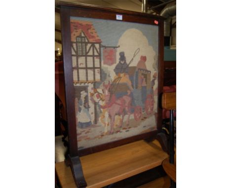 An oak and embroidered fire screen together with a beech child's high chair and Ewbank hand operated vacuum (3)