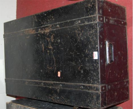 A black metal painted trunk, ebonised wooden box, and two other painted wood boxes (4)