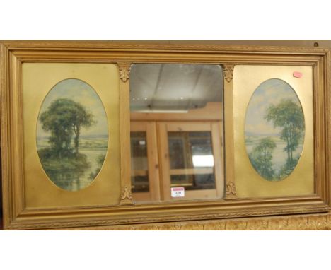 A gilt framed over mantel mirror with inset prints, and a reproduction maritime print (2)
