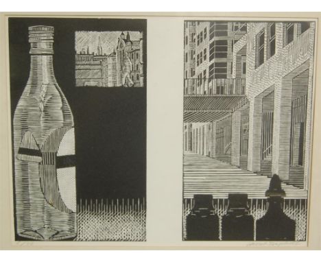 A framed double woodcut, a botanical print, and a reproduction Old Master print (3)