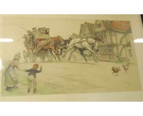 Cecil Aldin - Behind Time, framed print, published by Eyre & Spottiswoode, 45x 76 cm